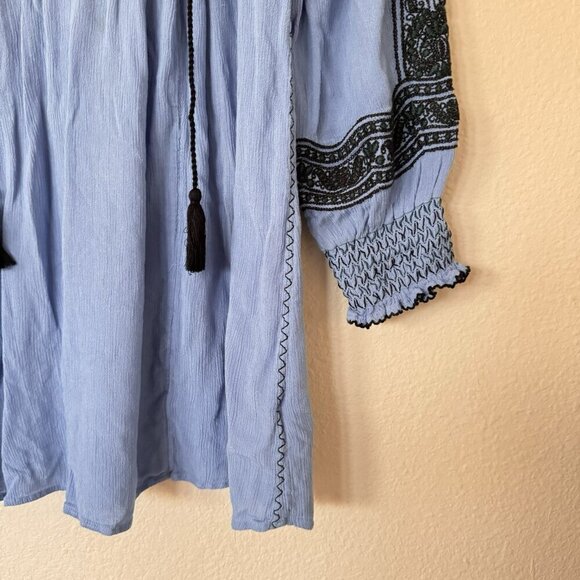 Free People Wind Willow Boho Embroidered Tie Neck Tunic Dress S Oversized Blue - Picture 3 of 7